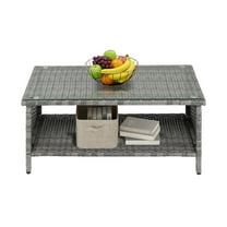 Ktaxon X-Large Outdoor Wicker Coffee Table with Tempered Glass Top and Storage, Gray
