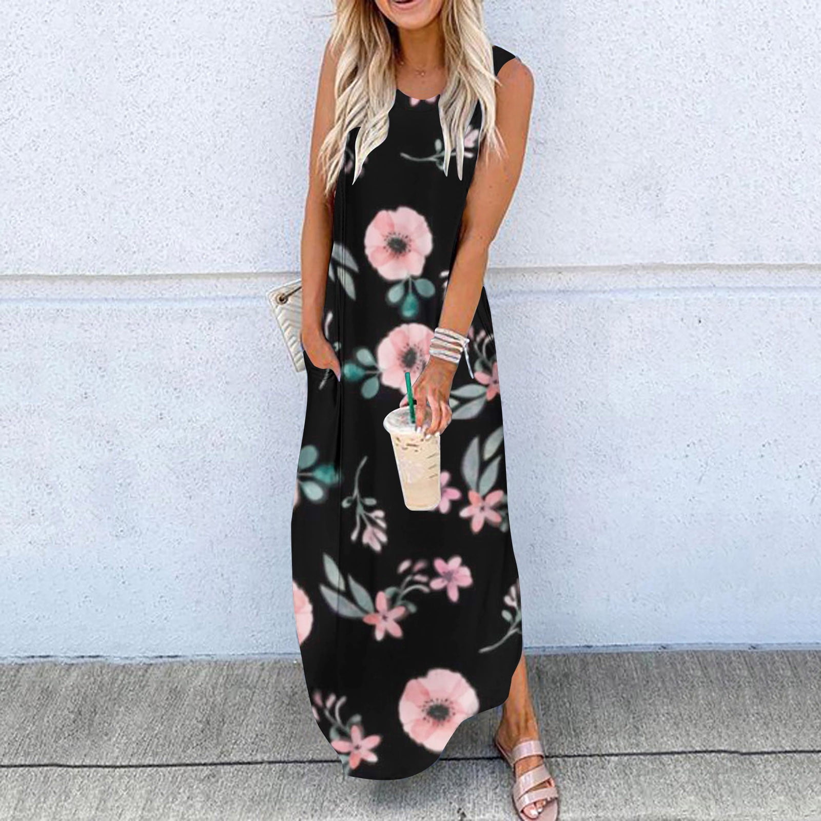 Finelylove Casual Maxi Dress Fitted Dress A-line Long Sleeveless ...
