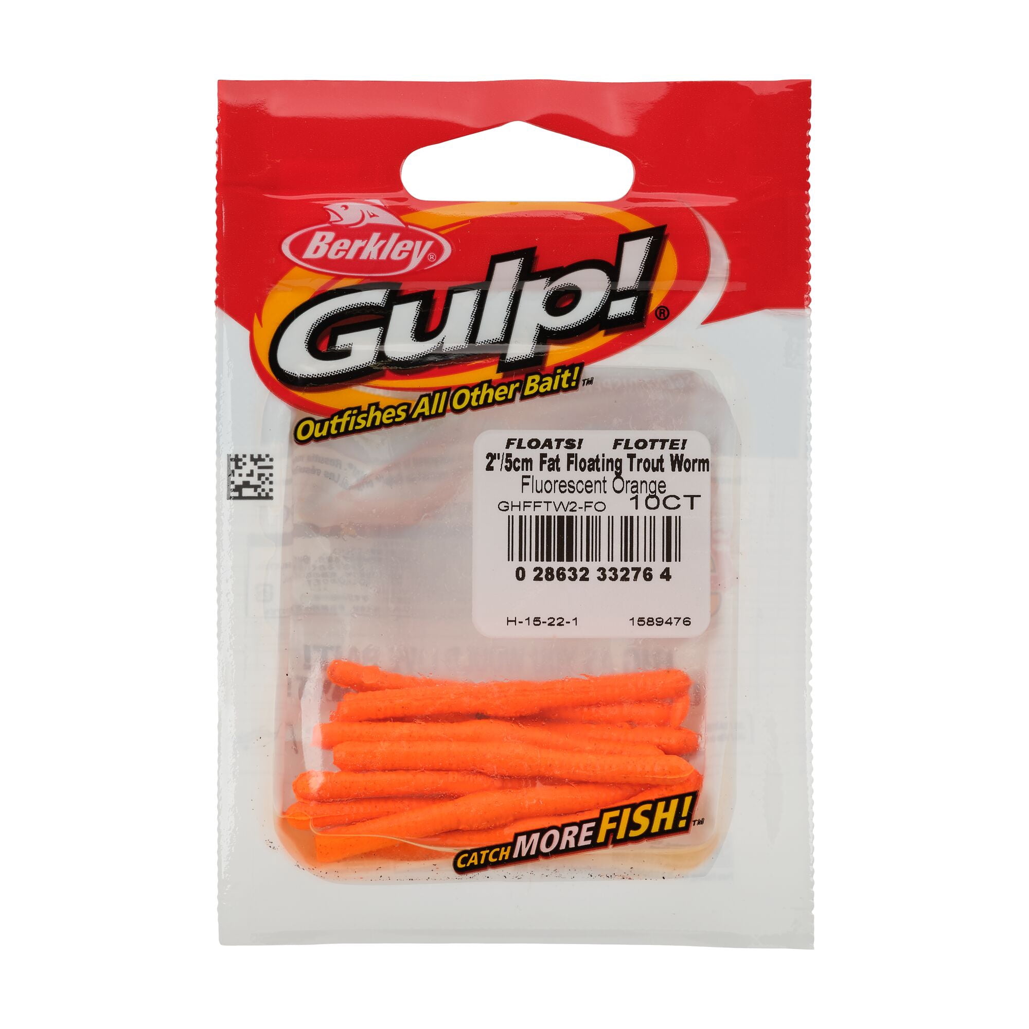 Berkley Gulp!® Fat Floating Trout Worm, 2 in, Worms, Fluorescent Orange (10 Count)