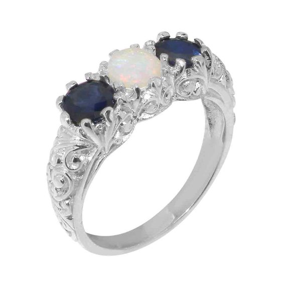 LBG British Made 925 Sterling Silver Natural Opal & Sapphire Womens Anniversary Ring - 33 size options - Size 10