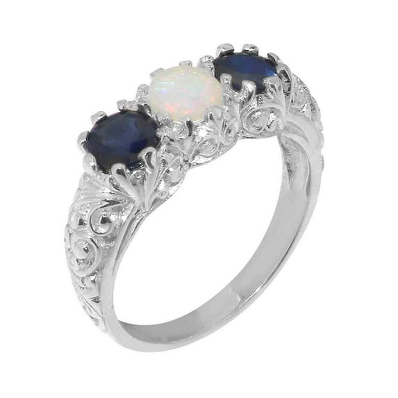 LBG British Made 10k White Gold Natural Opal & Sapphire Womens Anniversary Ring - 33 size options - Size 8.75