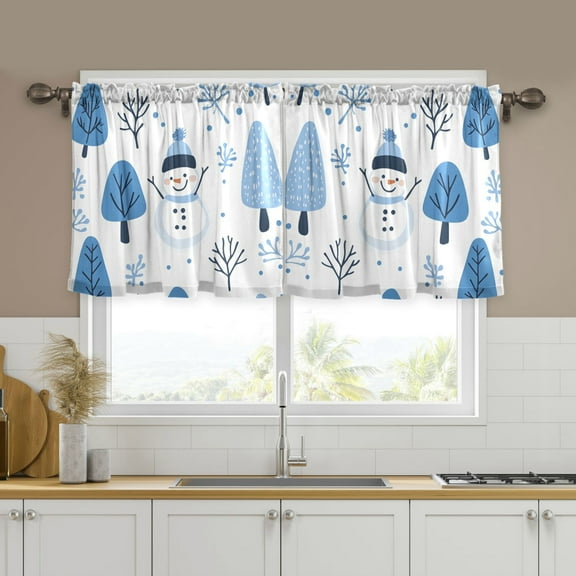 Yayeee Kitchen Curtains Set of 2 Light Filtering 57"x24" Over Sink Window Panels, Simple Cartoon Snowmen