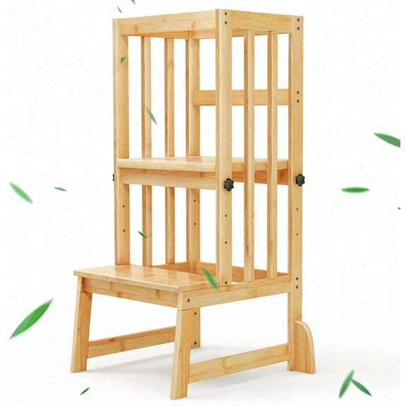 Kids Step Stool, Toddler Standing Tower Adjustable Height with Anti-Slip Feet, Toddlers Learning Step Stool Helper for Kitchen Counter or Bathroom Sink, Natural Bamboo