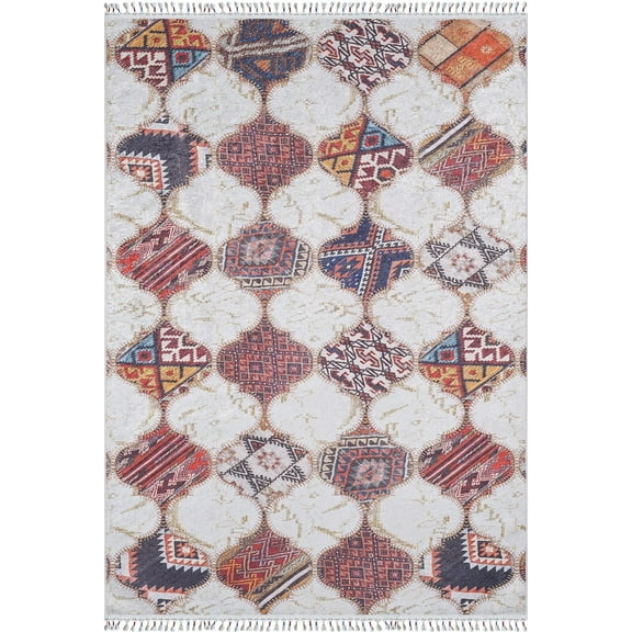 Koniecpol Cream Medallion Polyester Area Rugs for Living Room Washable Rugs Boho Moroccan Area Rug Soft Geometric Bohemian Carpet Distressed Indoor Rug for Bedroom Dining Room Office Nonslip Rug