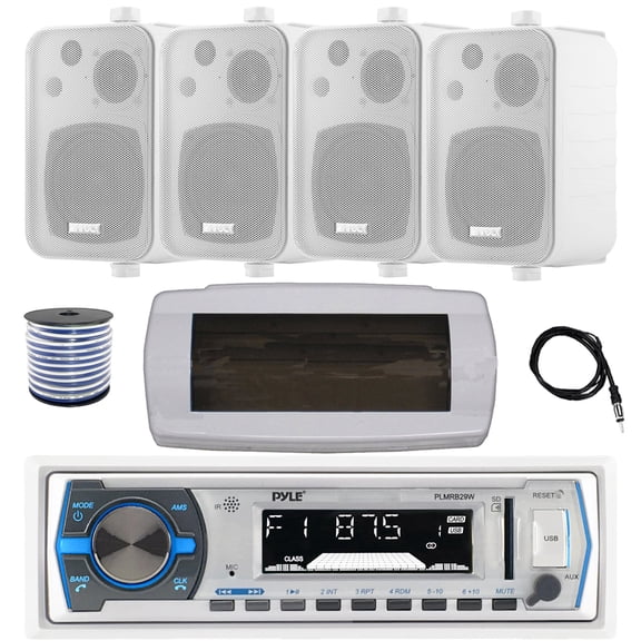 Pyle PLMRB29W Single DIN Bluetooth Marine MP3 AM/FM Stereo Receiver with White Cover, 22" Radio Antenna, Wire, 4x 4" 30 Watt Peak Water-Resistant 3-Way InDoor/OutDoor Audio Speakers (White)