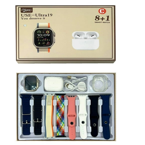 COMBO SMARTWATCH USE-ULTRA 19 CON 8 CORREAS, CASE Y AUDÍFONOS BLUETOOTH.