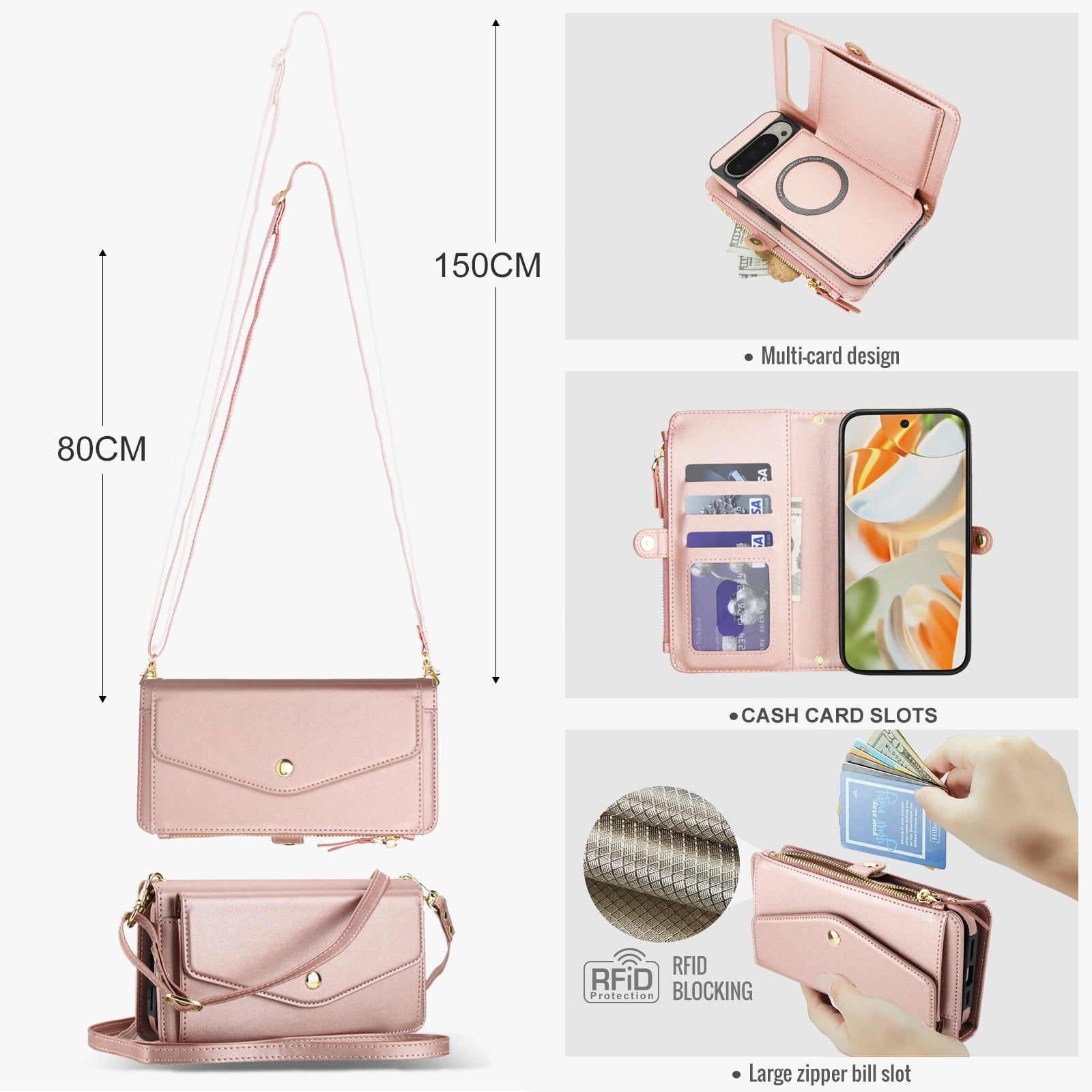 Designed for Google Pixel 8 Multi-Function Wallet Phone Case,With Shoulder Strap&Wrist Strap,Cash Pocket&Card Slots,Zipper Purse,Magnetic Detachable PU Leather Flip Phone Case,Rosegold