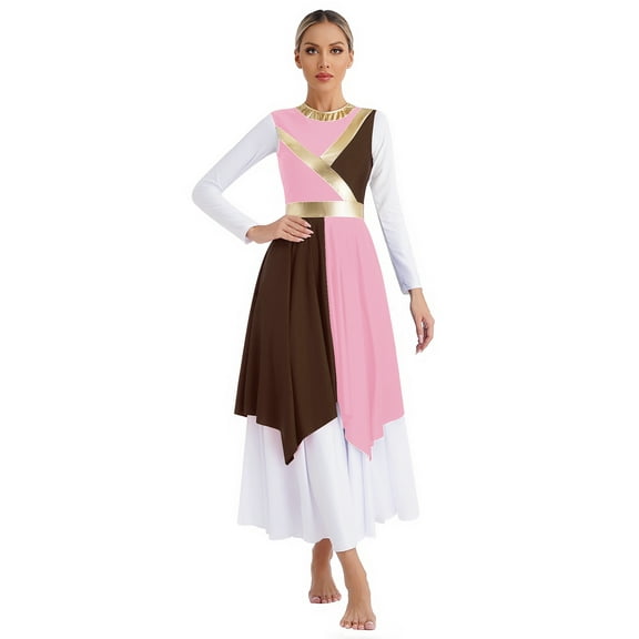 Doomiva Liturgical Dance Dresses for Women Color Block Praise Dance Dress Asymmetrical Worship Tunic Pink&Brown XL