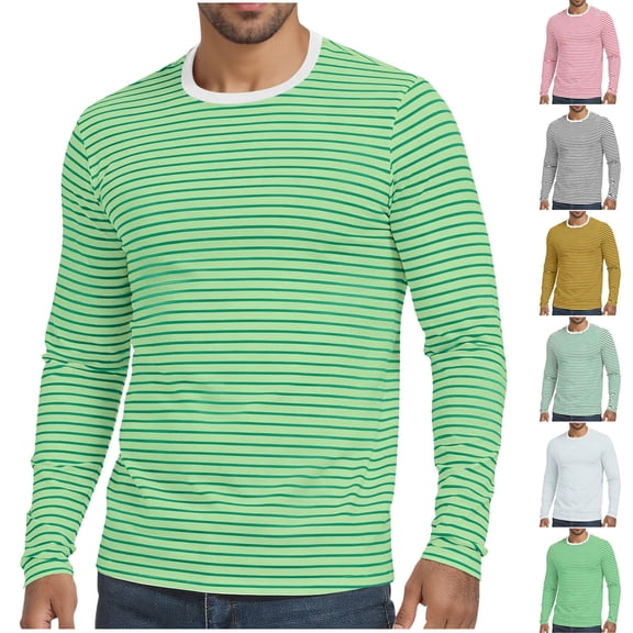 Guluxicc Striped Shirts for Men Classic Fit Crew Neck Long Sleeve Tops Summer Casual Outfit