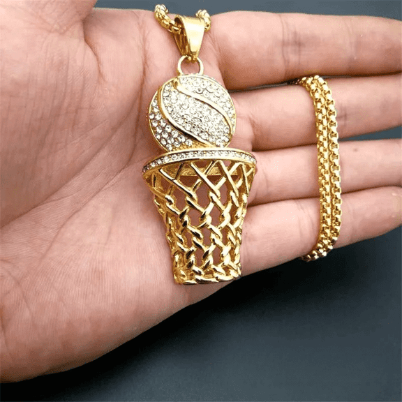 Hip Hop 14K Yellow Gold Iced Out Pave Cubic Zirconia Basketball Basket Pendant With Chains Gold Color Hip Hop Necklace Jewelry