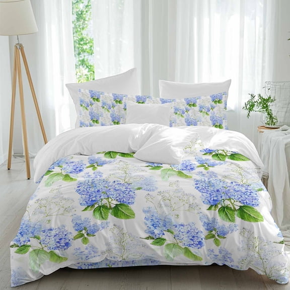 Blue Hydrangeas Full Size Comforter Set, Spring Flower Green Leaves Plant Gradient Bedding for All Seasons, 4 Pcs Bed Set, 1Quiltcover (86"x86") ,1Sheet(80"x116"), 2Pillowcases (30"x20")
