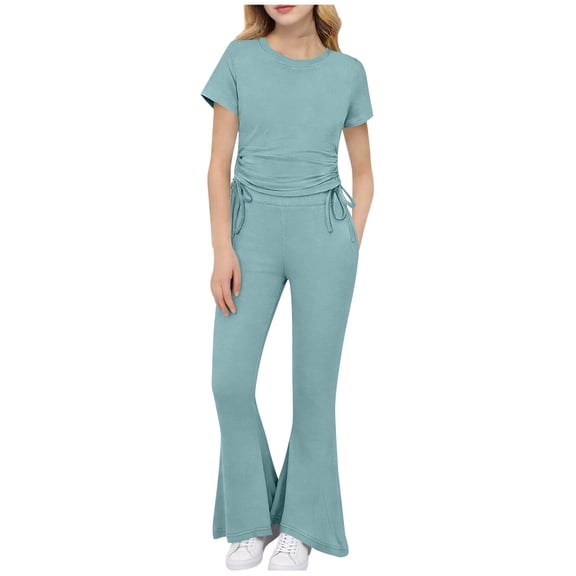 Virmaxy Drawstring Crop Top and High Waist Flare Pants Set Two Piece Summer Outfit for Stylish Casual and Active Wear, for 3-10 Years