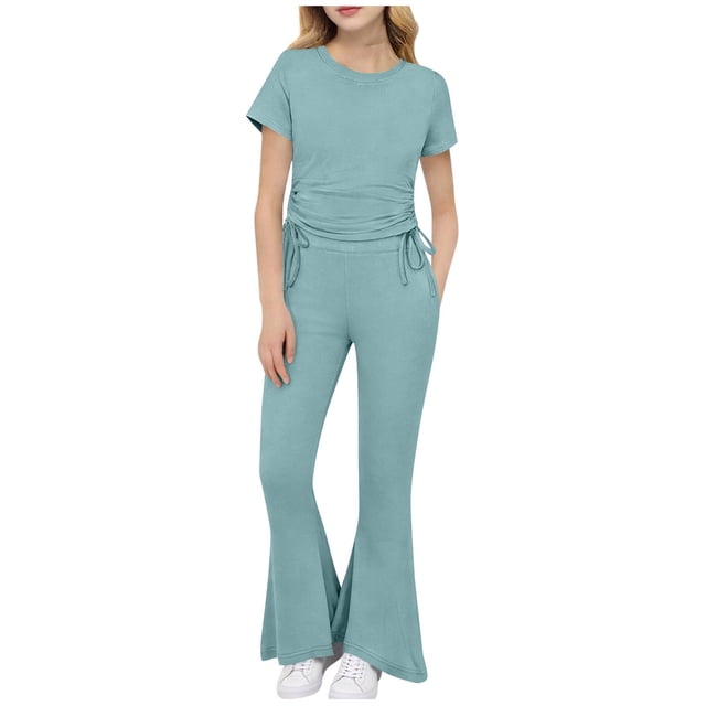 Zpanxa Summer Outfits for Girls Solid Color Ice Silk Short Sleeve Drawstring Top with Flare Pants 2 Piece Set 9-10 Years