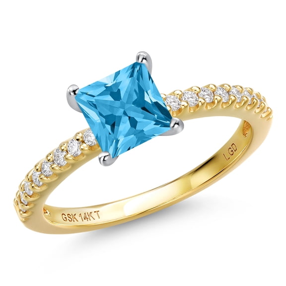 Gem Stone King 14K Two Tone Gold Swiss Blue Topaz and Lab Grown Diamond Engagement Ring for Women | 0.96 Cttw | Princess 5MM | Gemstone November Birthstone | Size 9