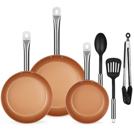 - Best Choice Products 6-Piece Kitchen Non-Stick Ceramic-Coated Round Heavy-Duty Frying Pan Dishwasher Safe Aluminum Cookware Set w/ Omelette, Saute, Chef Pans, 3 Non-Scratch Nylon Utensils - Copper