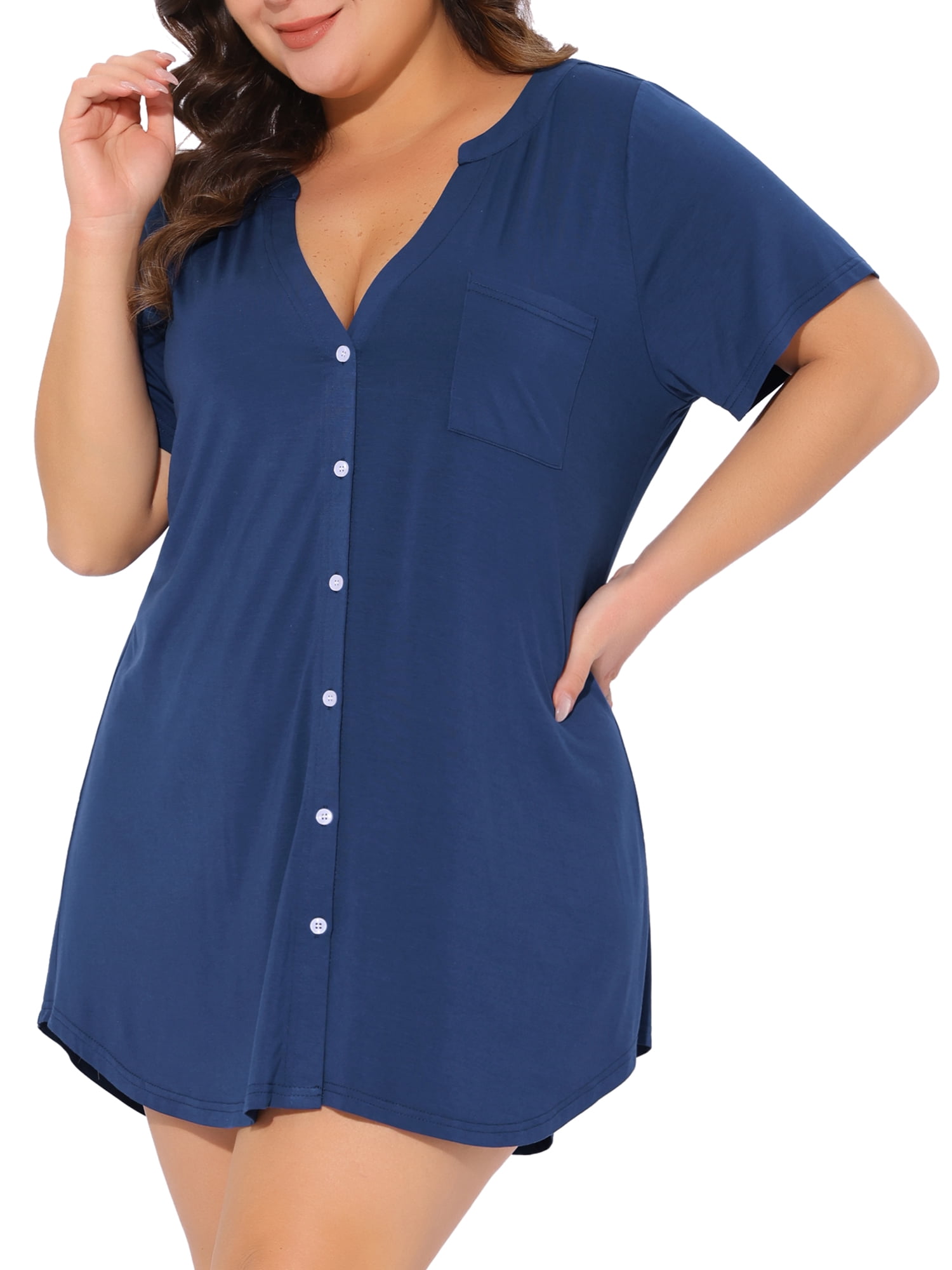 DARING DIVA Women's Plus Soft Short Sleeve Soft Button Down Nightgown 1X Navy Blue