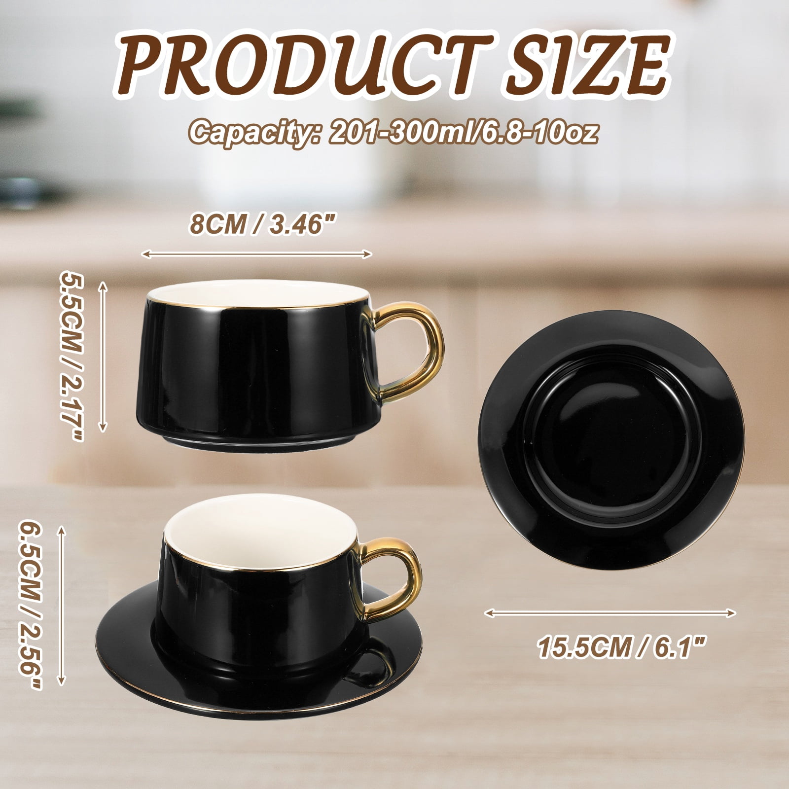 Uxcell 10oz Ceramic Coffee Mugs with Saucer Set, Creative Cute Cup with Handle Unique Irregular Design for Coffee Lovers Gift Tea Espresso Latte Kitchen Cafe Party Dishwasher, Black