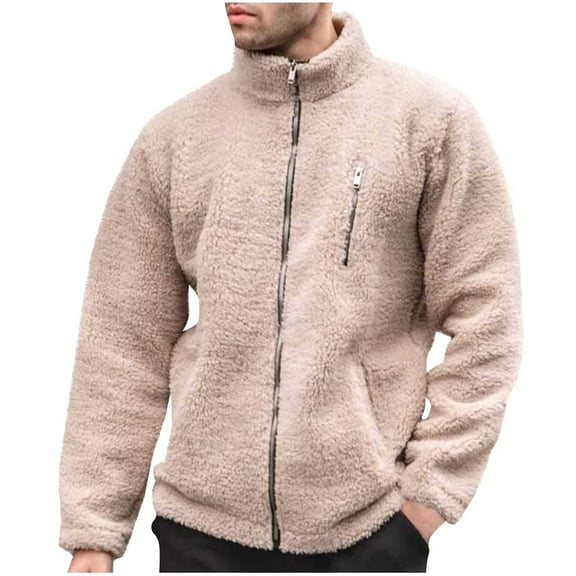 IYTR Winter Coats for Men Fashion Fleece Warm Coats Long Sleeve Zip Up Jacket Solid Color Soft Thermal Outerwear (Beige,L)