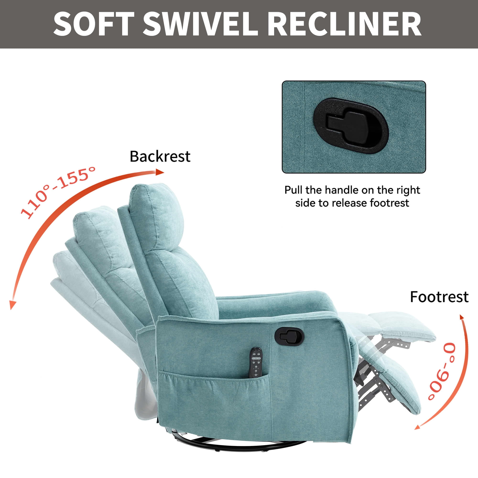 MAYEERTY Antique Blue Green Heat Massage Recliner Chair, 360° Swivel Rocker 27"x36"x40" for Living Room
