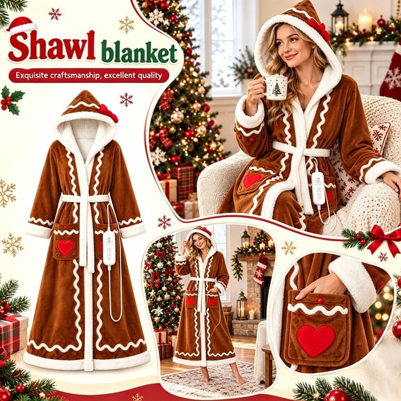 Women’s Christmas Heated Blanket Hoodie Robe, Wearable Heated Blanket with Foot Pocket, Gingerbread Plush Fleece Bathrobe for Winter
