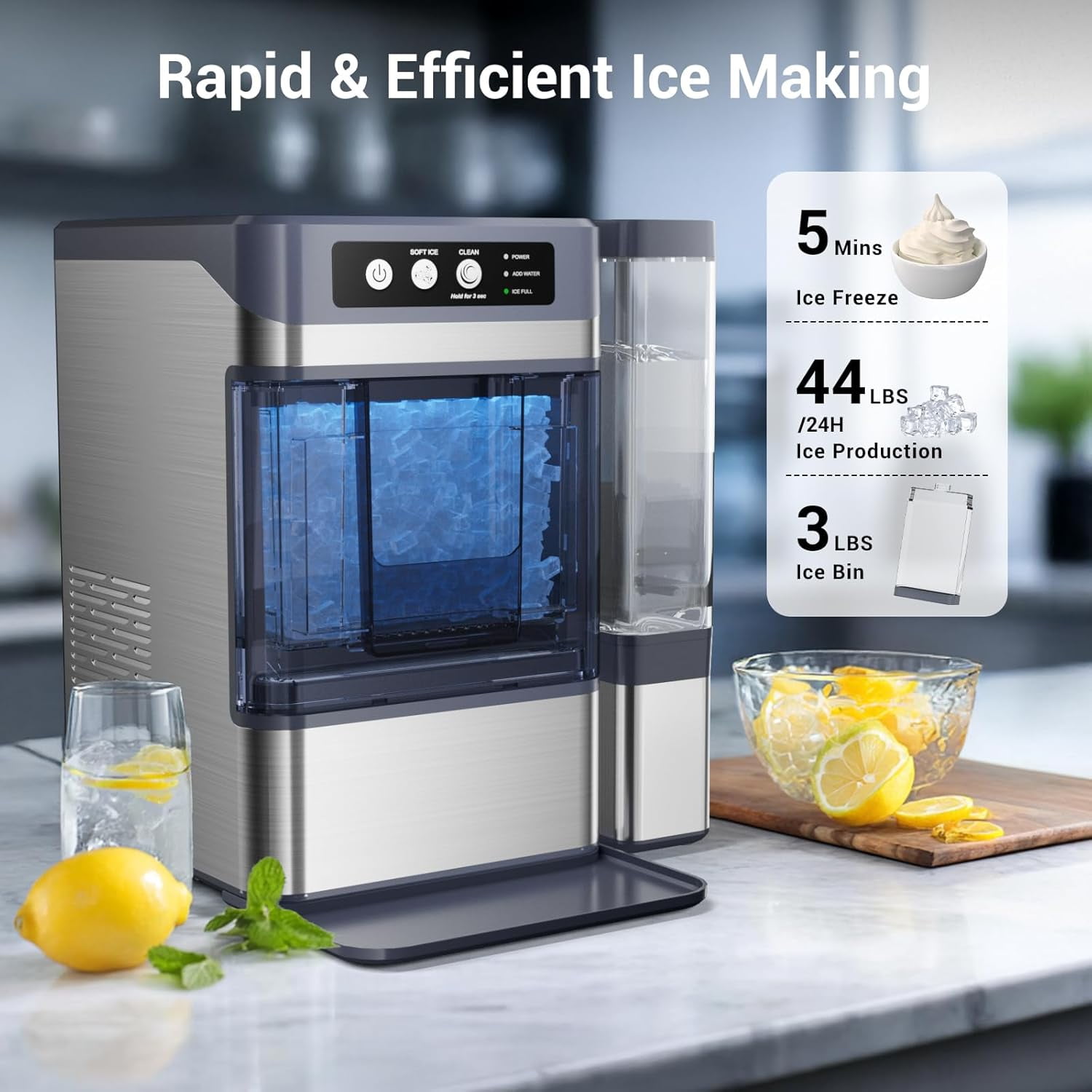 Countertop Ice Maker, Self-Cleaning Nugget Ice Machine for Home, 43Lbs/24H, Soft Chewable Pellet Ice, Stainless Steel, Portable for Kitchen Office Bar