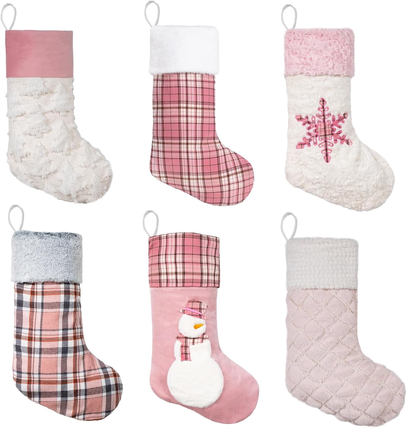 Miora Pink Plush Christmas Stockings, 20 Inch Holiday Hanging Decor Set of 6, Classic Plaid Fireplace Sacks