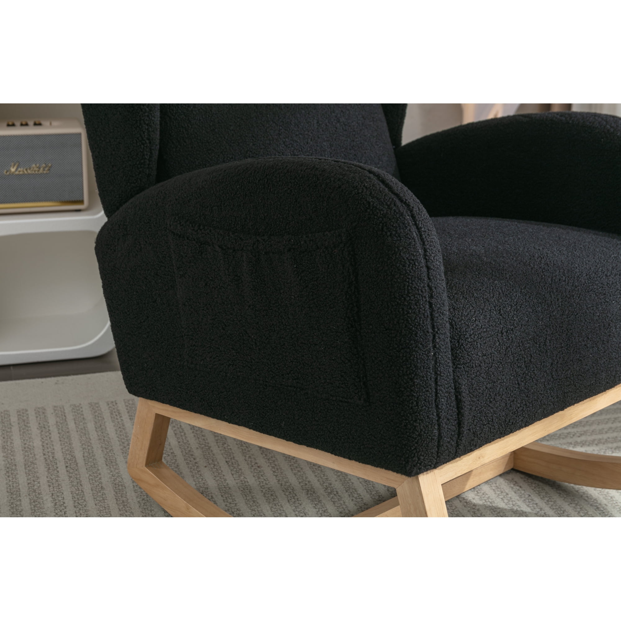 Rocking Chair Nursery,Teddy Fabric Uplostered Rocking Glider Chair with Side Pocket,Modern High Backrest Single Sofa for Living Room, Hotel, Bedroom, Baby Room,Black