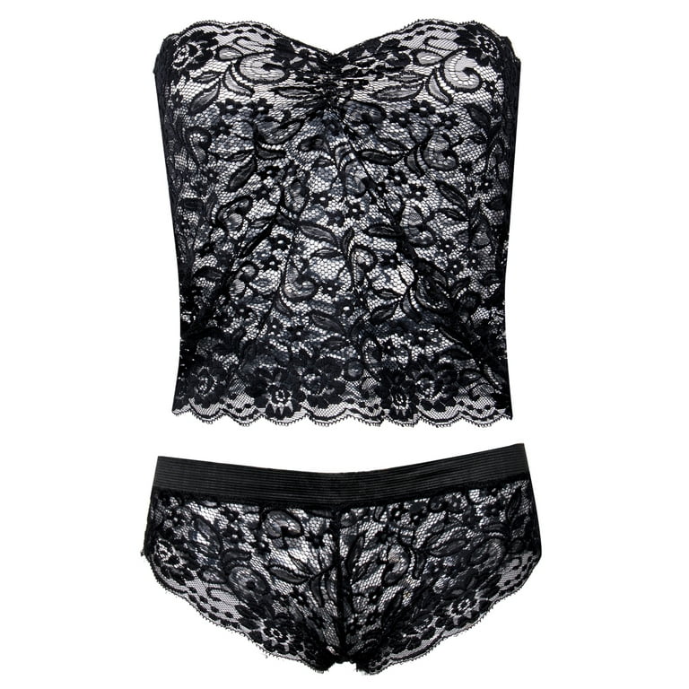 Buy Floerns Women's Contrast Lace Push Up Two Piece Lingerie Set Bra and  Panty Black L at