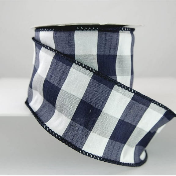 Wire Edged Bono Navy Blue and White Wide Striped Dupioni Ribbon 2 1/2" - 10 Yards