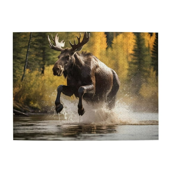 500-Piece Wooden Jigsaw Puzzle for Adults - Moose Running Through Water , Fun & Relaxing Interlocking No-Dust Puzzle for Family, Home Decor & Holiday Gifts