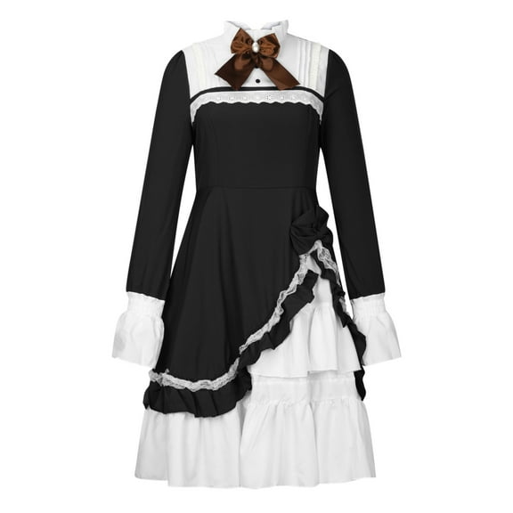 Women's Lolita Gothic Dress Victorian Ruffle Layered Vintage Long Sleeve Costume Bow Tie Midi Long Dress Cosplay Gown