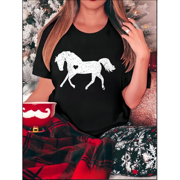 Women's Casual Horse Pattern T-Shirt with Heart Detail, Polyester Knit Fabric, All-Season Comfort, Round Neck, Animal Print, Medium Stretch - Fashionable Short Sleeve Top