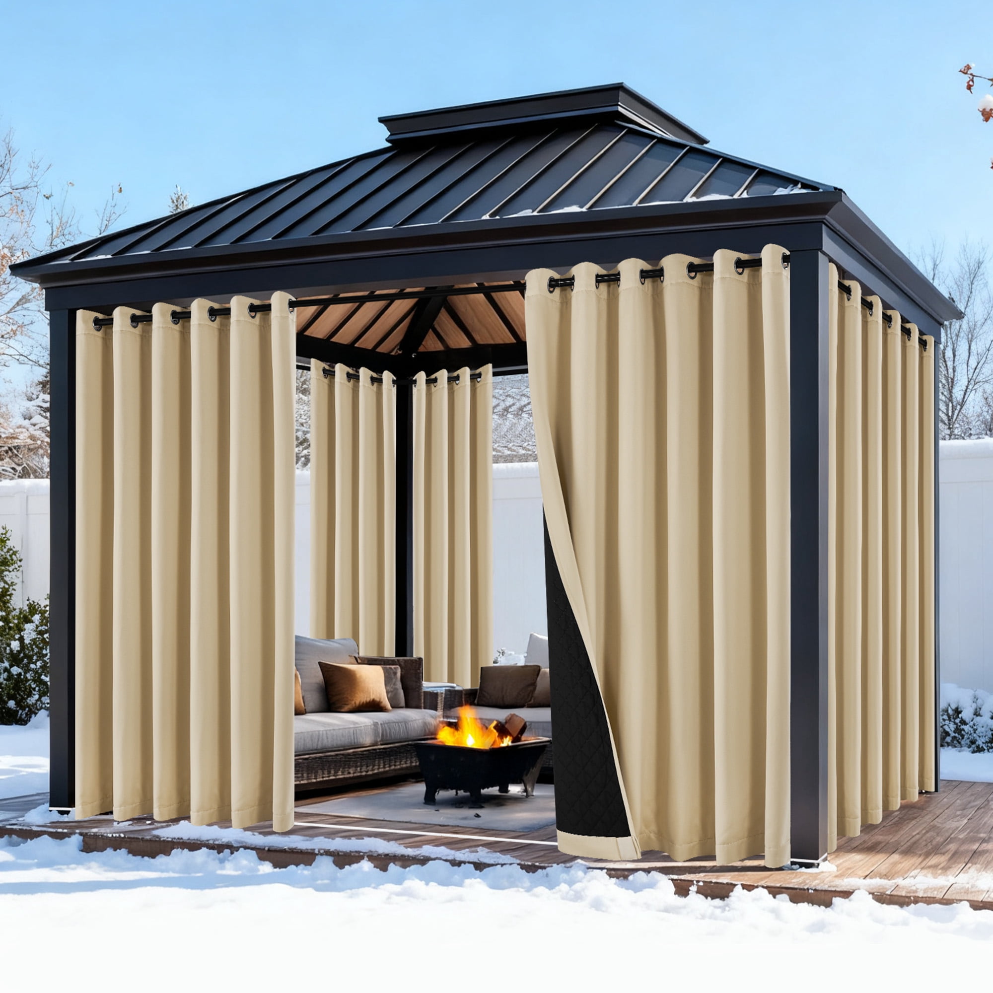 NICETOWN Thermal Insulated Outdoor Curtain for Patio, Windproof Top Grommet & Bottom Backtab Quilted Waterproof Curtain for Porch, Biscotti Beige, W52 x L84, 1 Panel