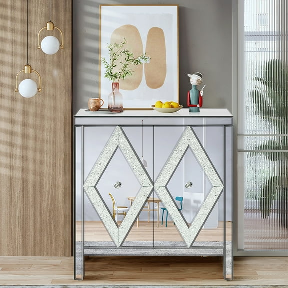 Furvclv 31.5" Accent Cabinet, Kitchen Pantry Cabinets With Mirror Trim, M Shape Design Buffet Cabinet, Sideboard Console Table For Bedroom, Dining Room, Entrance, Silver