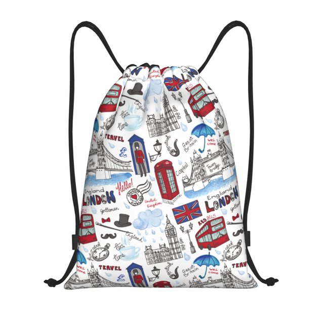 Xecao London Landmark2 Pattern Sports Drawstring Backpack - String Swim Gym Bag with Wet Proof Pocket for Women&Men-Small