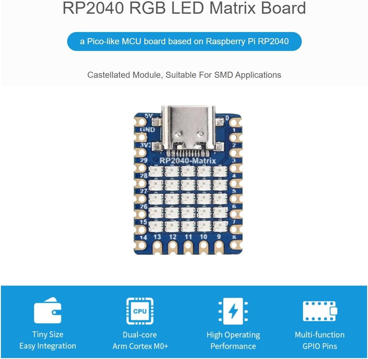 RP2040-Matrix Mini Development Board RP2040 RGB LED Matrix Board Onboard 5×5 RGB LED Matrix Based on Microcontroller Chip RP2040, Supports C/C++, MicroPython, Arduino