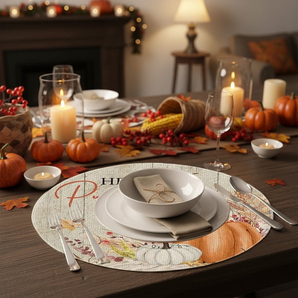 Mantel Individual Redondo Otoñal con Aspecto de Lino | Estampado de Arce, Calabaza y Girasol | Plástico Resistente Al Calor | Decoración Otoñal para La Mesa | Un Toque Acogedor para El Comedor y La C
