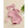 thumbnail image 6 of Aojekbee Newborn Girl Outfit, Short Sleeve Crew Neck Solid Bodysuit with Bowknot Headband Summer Clothes, 6 of 10