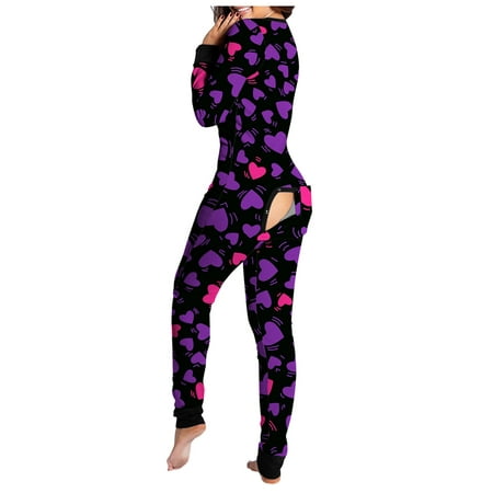 

pajama set for women Women Print Long Sleeve Button Flap Nightwear Jumpsuit Bodysuit Playsuit Romper
