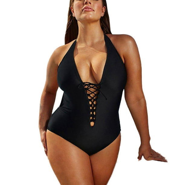 PMUYBHF Female Bikini Bottoms for Women Full Coverage Women's Plus Size  Hollow Solid Color Strap 1 Piece Swimsuit Black XXXXXL