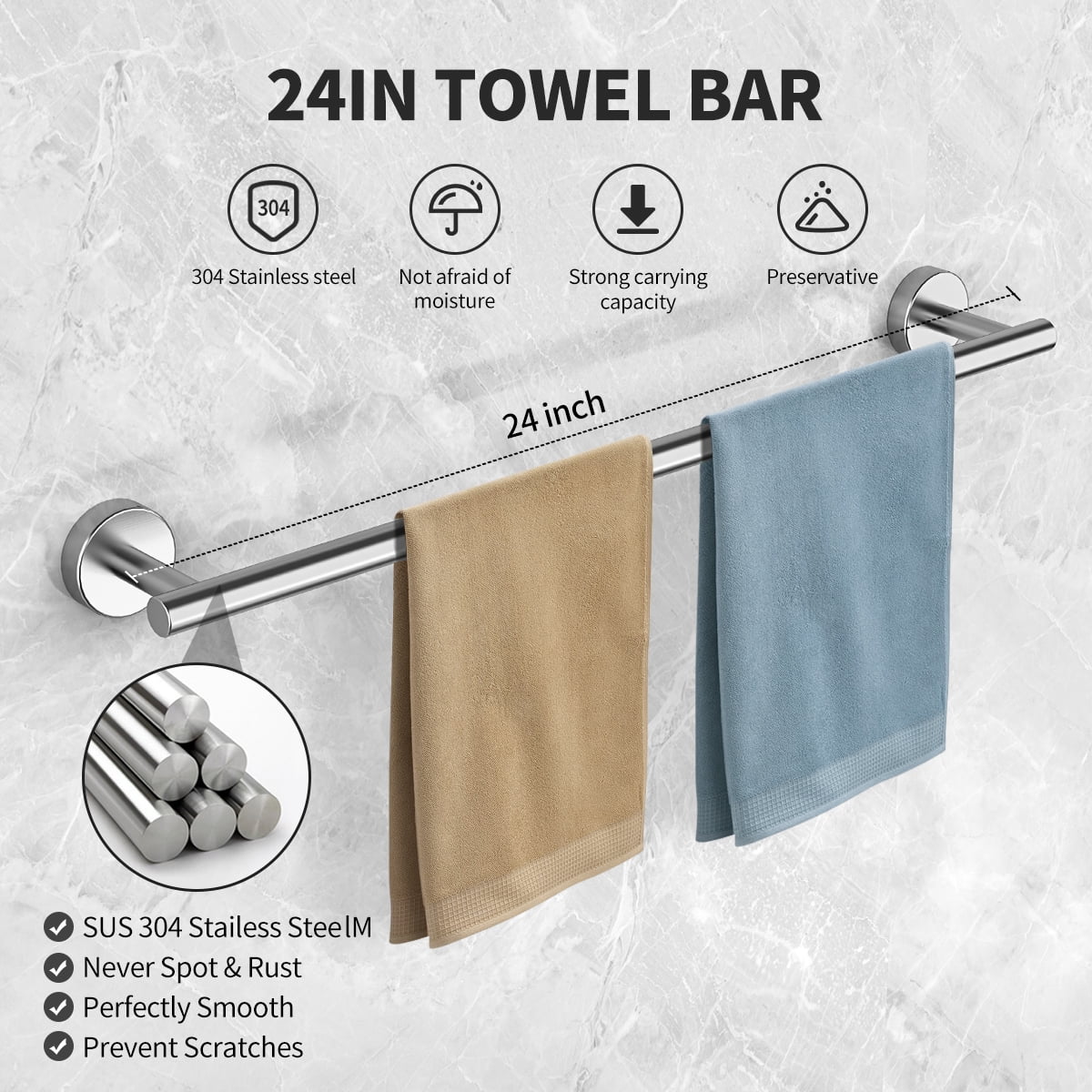 Bathroom Hardware Set, 7 Pieces Bathroom Accessories Set Includes 24" Towel Bar, Toilet Paper Holder, Towel Ring, Robe Hook, Brushed Nickel & Stainless Steel, Wall Mounted Bathroom Towel Rack Set