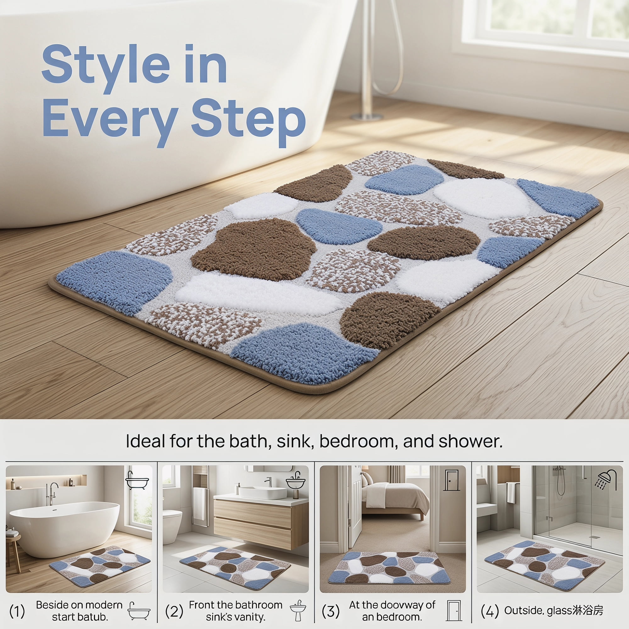 Unique Bargains Absorbent Non-Slip Plush Quick Dry Machine Washable Bath Mat Blue 24"x16"