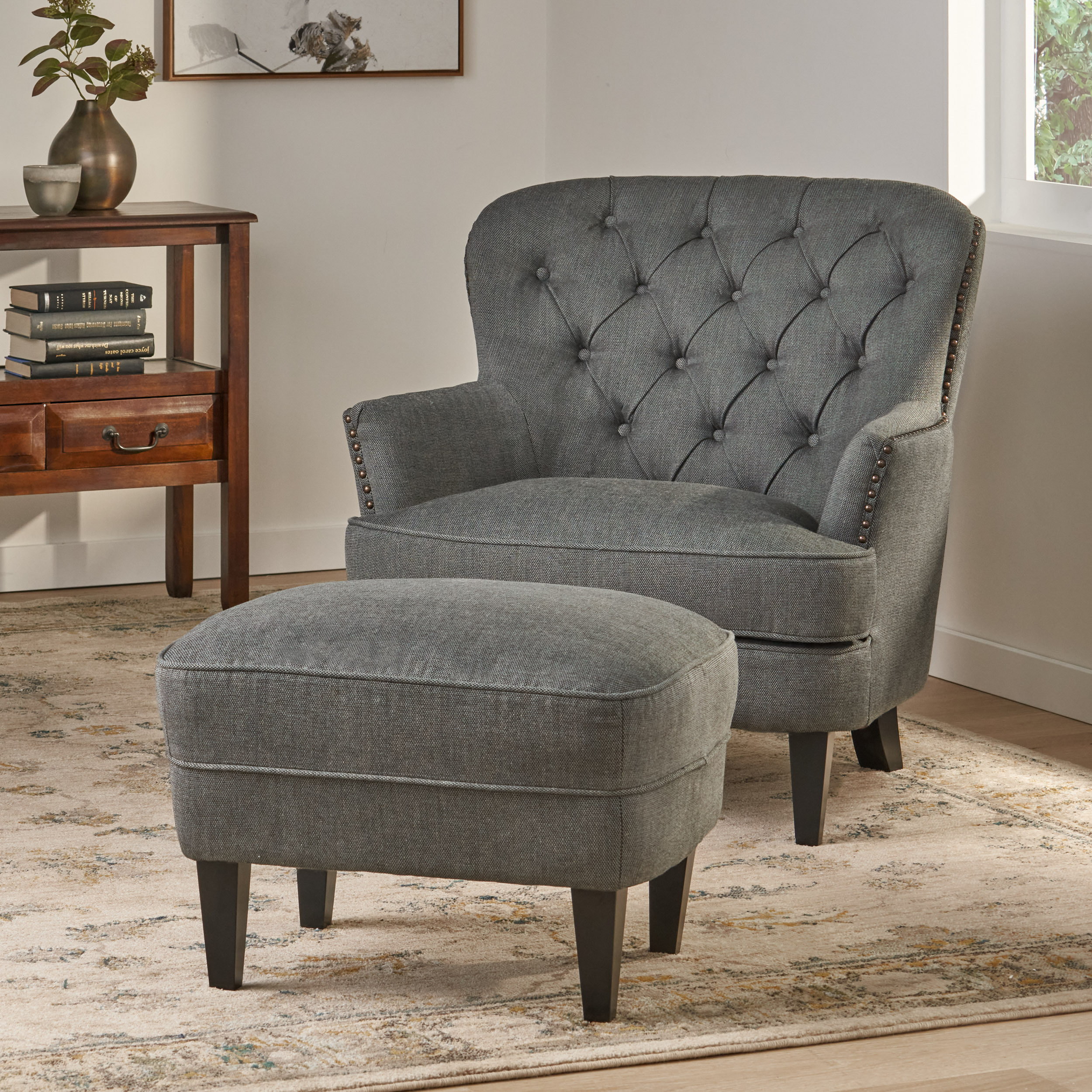 Noble House Torrin Contemporary Grey Fabric Club Chair and Ottoman