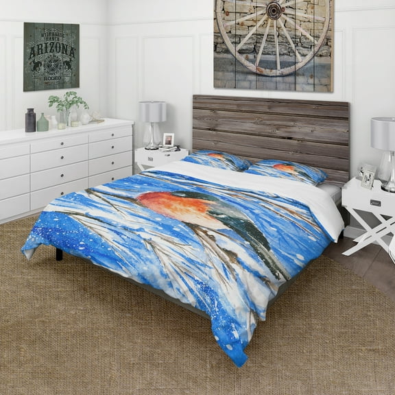 Designart 'Bullfinch in Snow Storm' Animals Duvet Cover Set