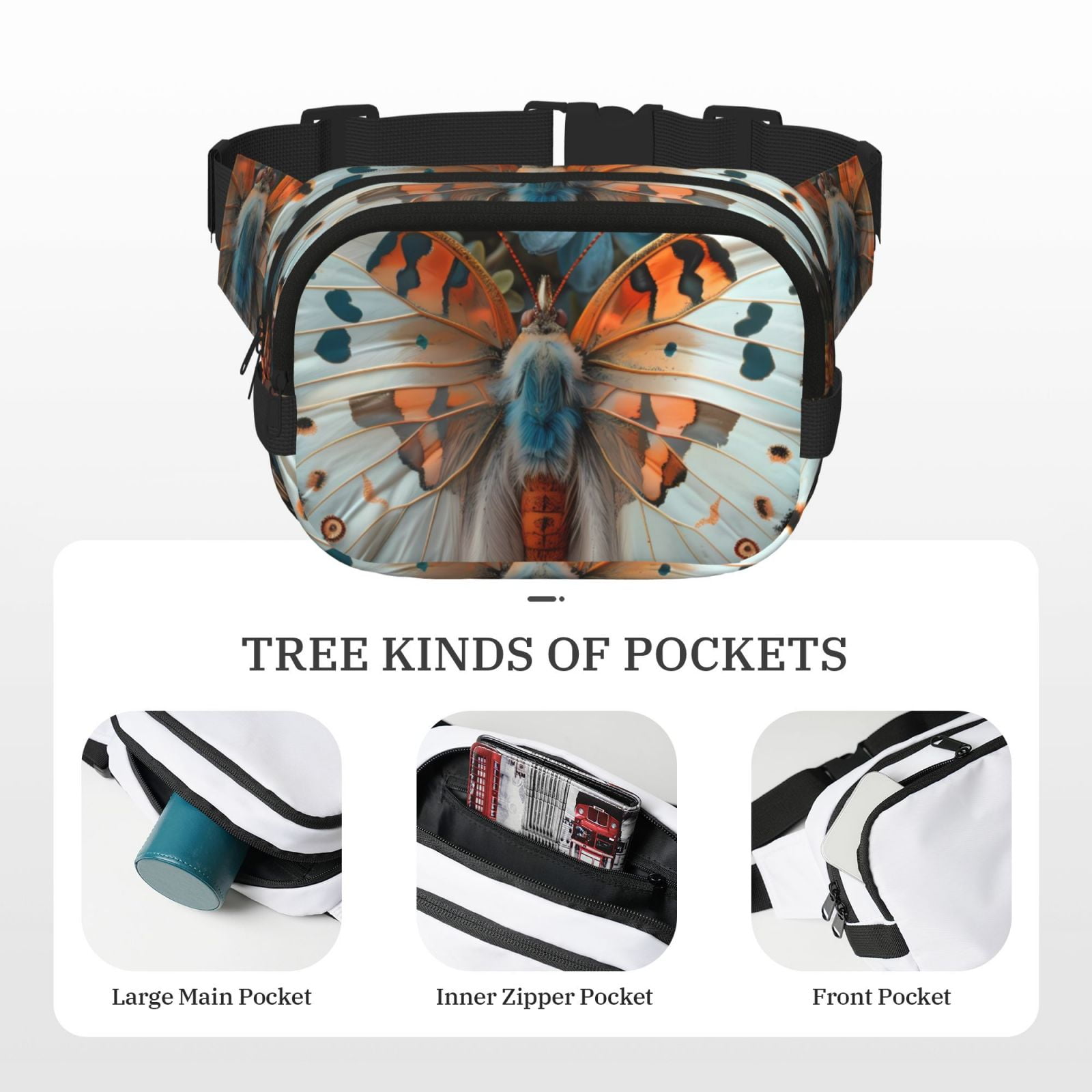 Picia Butterfly and Bloom Beauty Print Square Double-Layer Waist Bag Mini Adjustable Waist Belt Bag Exercise Running Travel Hiking