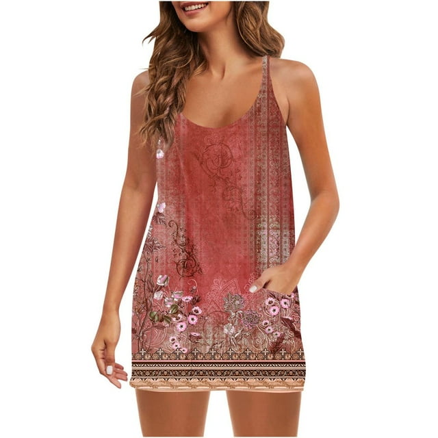 Robe Courte d'Été Sans Manches pour Femme, Col en V, Bretelles Spaghetti, Robe d'Été Sportive Courte avec Poches