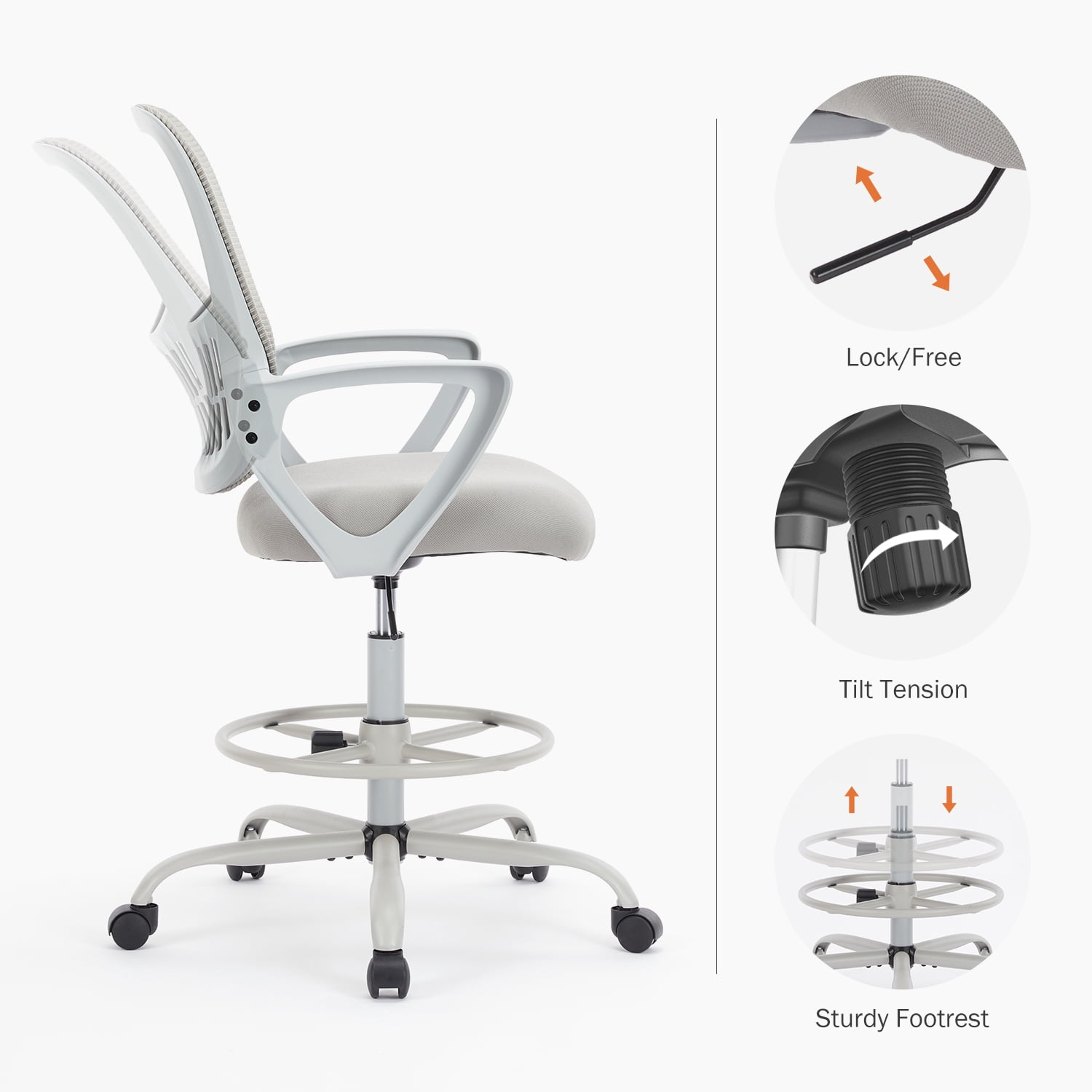GIANNA Ergonomic Tall Mesh Office Chair with Adjustable Foot Ring, Storable Lumbar Support, Armrests, and Mid-Back Design – High Task Chair with Wheels, Gray