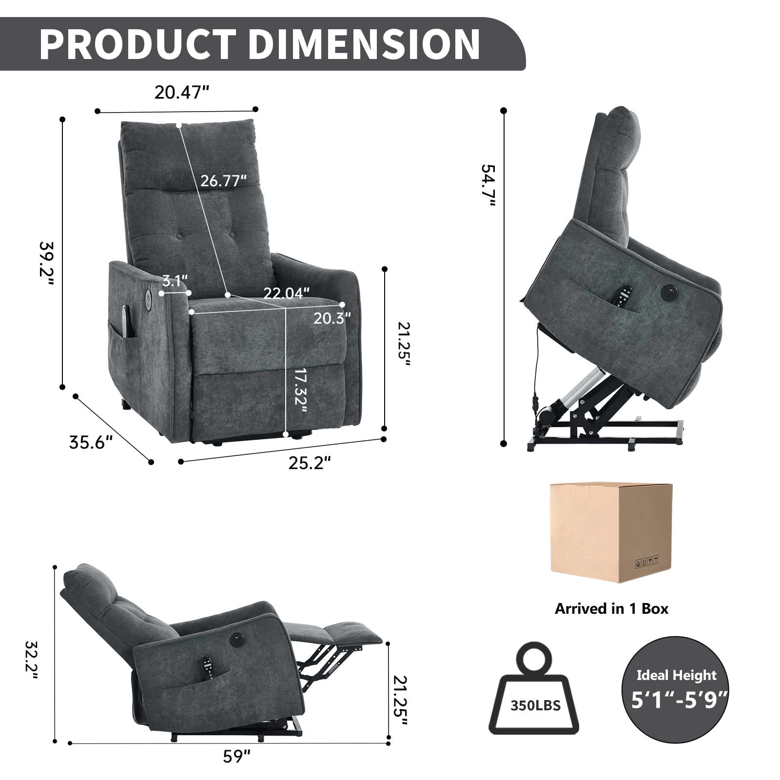 MAYEERTY Grey Chenille Power Lift Recliner Chair, Massage Heat USB Port 25"x36"x39" for Elderly