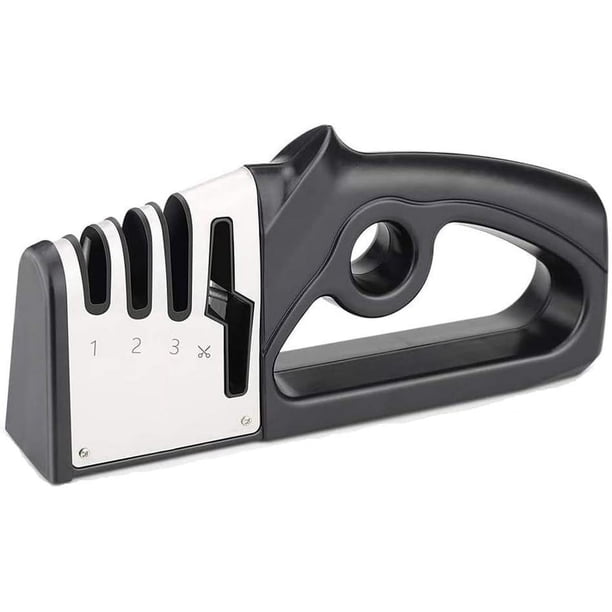 Afilador de Cuchillos Profesional, Afilador de Cuchillos y Tijeras de Cocina 4 en 1, Afilador de Cuchillos con Borrador Antideslizante para Cuchillos de Acero Inoxidable y Cerámica