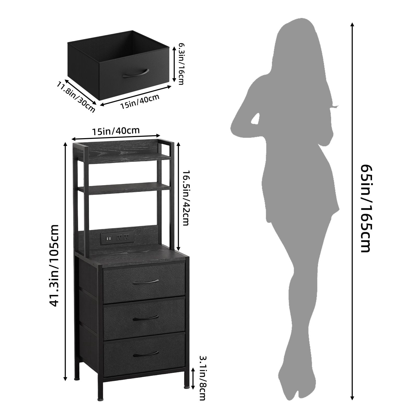 3-Drawer Nightstand with Charging Station and LED Light, Fabric Storage Dresser with 2-Tier Open Shelf, Wood Grain Bedside Table with Power Outlet and USB Ports
